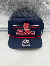 Load image into Gallery viewer, Ole Miss Rebels NCAA &#39;47 Brand Navy Blue Hitch Rope Adjustable Snapback Hat displayed at an angle, showcasing the vibrant navy color and the iconic team logo.

