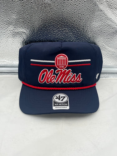 Ole Miss Rebels NCAA '47 Brand Navy Blue Hitch Rope Adjustable Snapback Hat displayed at an angle, showcasing the vibrant navy color and the iconic team logo.