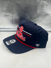Load image into Gallery viewer, Close-up view of the Ole Miss Rebels NCAA &#39;47 Brand Navy Blue Hitch Rope Adjustable Snapback Hat, highlighting the unique rope detail and adjustable snapback feature.
