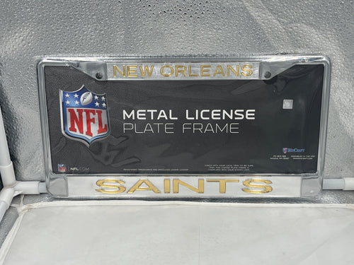 New Orleans Saints NFL Laser Cut License Plate Frame by WinCraft showcasing the team's logo and durable design, perfect for fans to add style to their vehicles.