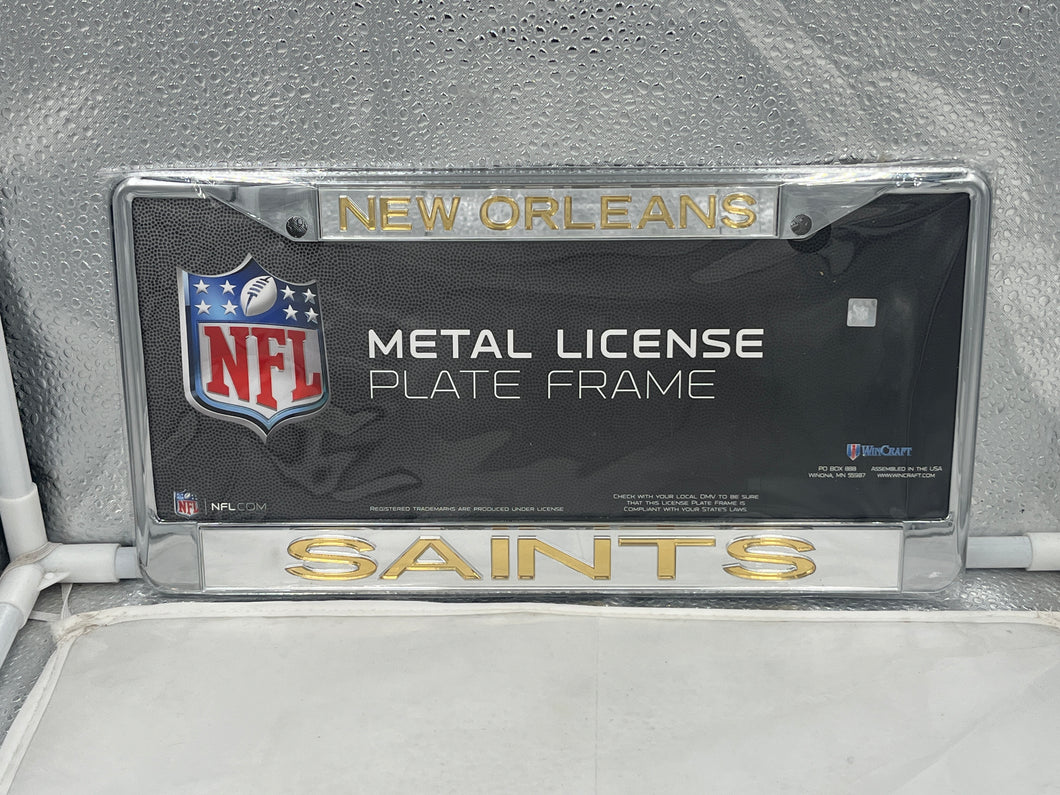 New Orleans Saints NFL Laser Cut License Plate Frame by WinCraft showcasing the team's logo and durable design, perfect for fans to add style to their vehicles.