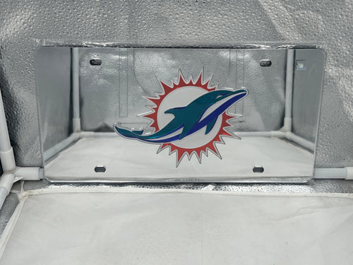 Miami Dolphins NFL Silver Reflective Lasercut License Plate from WinCraft showcasing team spirit with a sleek reflective finish and lasercut design, perfect for enhancing vehicle appearance and visibility.