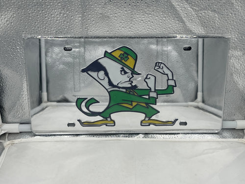 Notre Dame Fighting Irish NCAA Silver Lasercut License Plate by WinCraft, showcasing high-quality craftsmanship with a striking silver finish and detailed lasercut design, perfect for displaying team spirit on any vehicle.