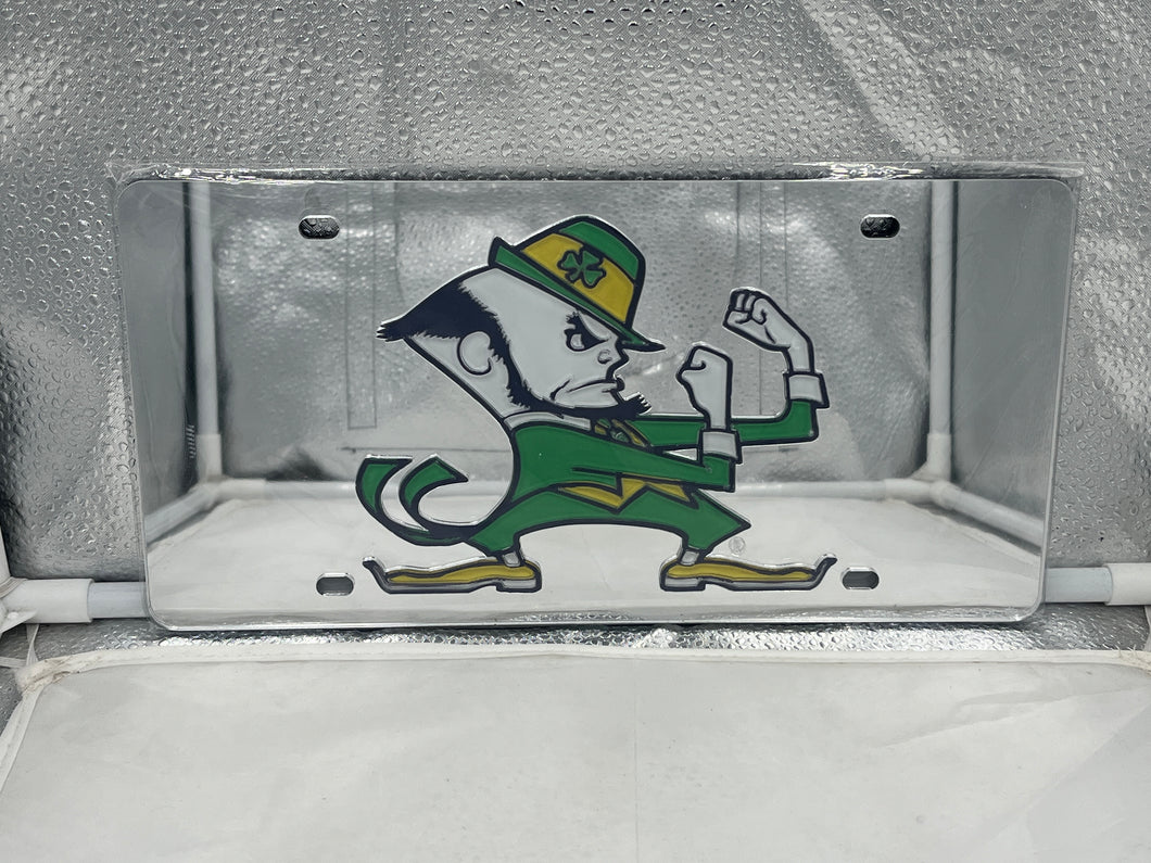 Notre Dame Fighting Irish NCAA Silver Lasercut License Plate by WinCraft, showcasing high-quality craftsmanship with a striking silver finish and detailed lasercut design, perfect for displaying team spirit on any vehicle.