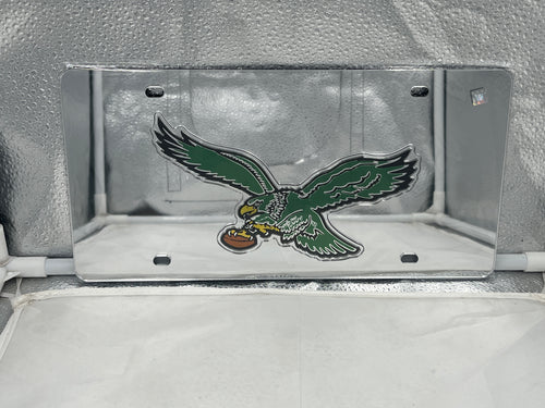 Philadelphia Eagles Throwback NFL Silver Lasercut License Plate by WinCraft showcasing retro design and iconic logo, perfect for displaying team spirit on vehicles or as home decor.
