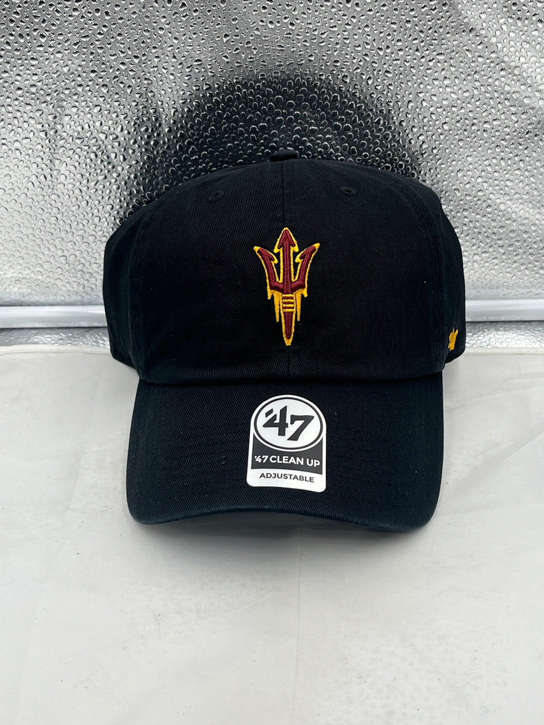 Arizona State Sun Devils NCAA '47 Brand Black Clean Up Adjustable Hat showcasing the iconic logo on a comfortable design.