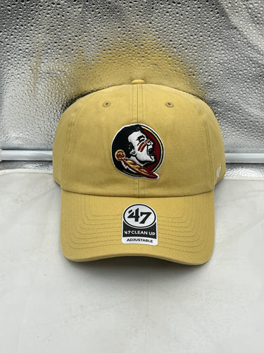 Florida State Seminoles FSU NCAA '47 Brand Gold Clean Up Adjustable Hat displayed on a mannequin showcasing its stylish design.