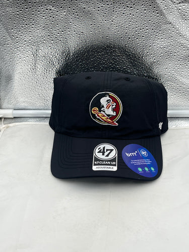 Florida State Seminoles FSU NCAA '47 Brand Black Clean Up Adjustable Hat displayed on a brown wooden table.