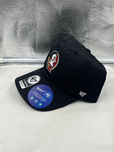 Load image into Gallery viewer, Close-up view of the Florida State Seminoles FSU NCAA &#39;47 Brand Black Clean Up Adjustable Hat showcasing the embroidered team logo.
