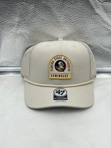 Florida State Seminoles FSU NCAA '47 Brand Bone Trucker Mesh Adjustable Hat front view showcasing the iconic Seminoles logo.