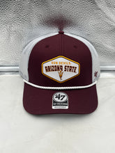 Load image into Gallery viewer, Arizona State Sun Devils NCAA &#39;47 Brand Red Trucker Mesh Rope Adjustable Hat displayed from the front with vibrant team colors and rope detail.
