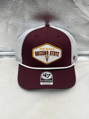 Arizona State Sun Devils NCAA '47 Brand Red Trucker Mesh Rope Adjustable Hat displayed from the front with vibrant team colors and rope detail.
