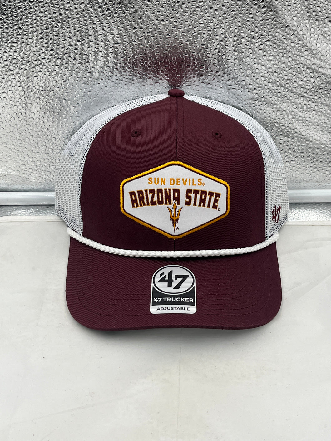 Arizona State Sun Devils NCAA '47 Brand Red Trucker Mesh Rope Adjustable Hat displayed from the front with vibrant team colors and rope detail.