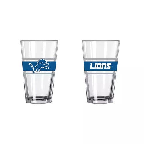 Detroit Lions NFL Set of 16oz Pint Glass Cup Mug showcasing Logo Brands vibrant team logo, ideal for enhancing game day experiences and serving cold beverages.