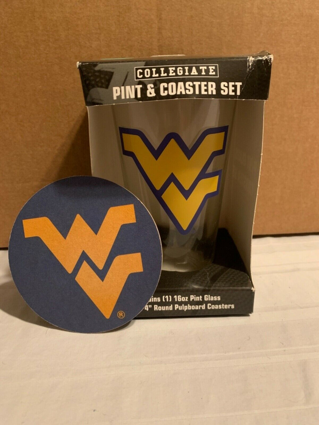 West Virginia Mountaineers NCAA 16oz Glass Mug with 4 Coasters Set Boelter - Casey's Sports Store